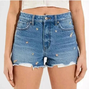 American Eagle Women's Size 0 Embroidered Floral Mom Shorts Denim Jean Raw Hem